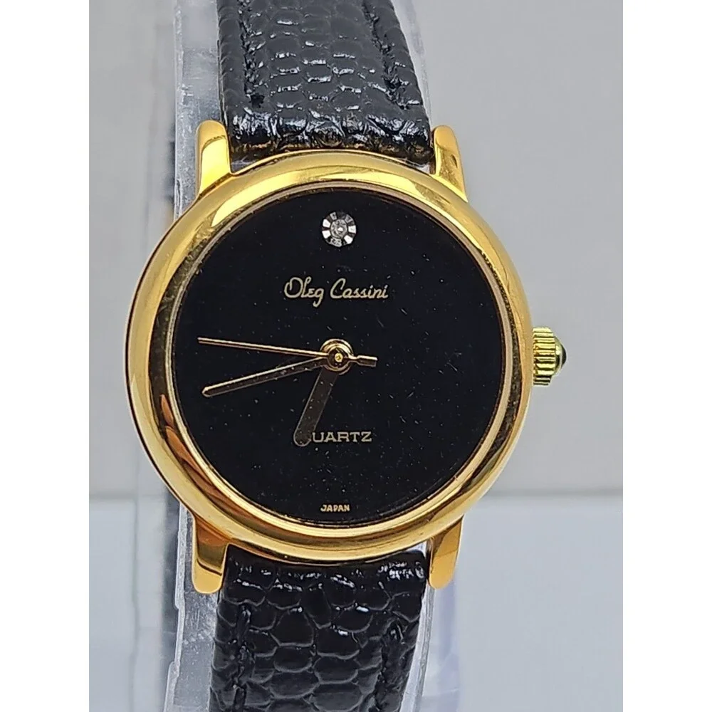 Oleg Cassini Womens Diamond Accent Black Dial Gold Tone Quartz Watch New Battery